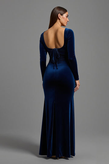 Navy Velvet Square Neck Sheath Long Sleeves Formal Dress